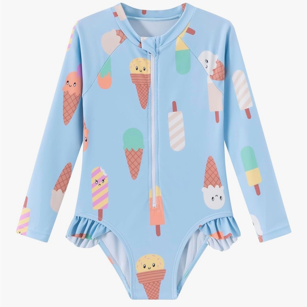 Kids Light Blue Ice Cream Print Long Sleeve One-Piece Swimsuit 9/10 nwt